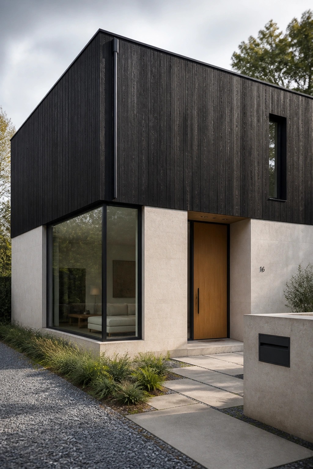 A modern two-story house with dark vertical wood cladding on the upper portion and light stone on the lower level, a large window on the left, and a wooden front door.
