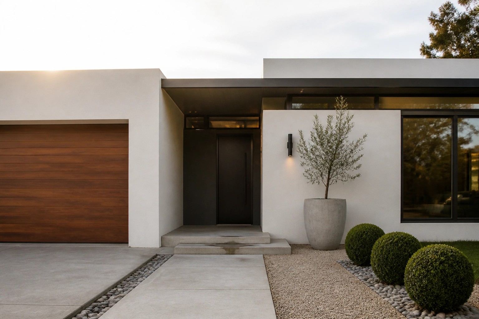A minimalist contemporary house exterior featuring a black front door set in white walls with concrete steps and a large potted plant beside the entrance.