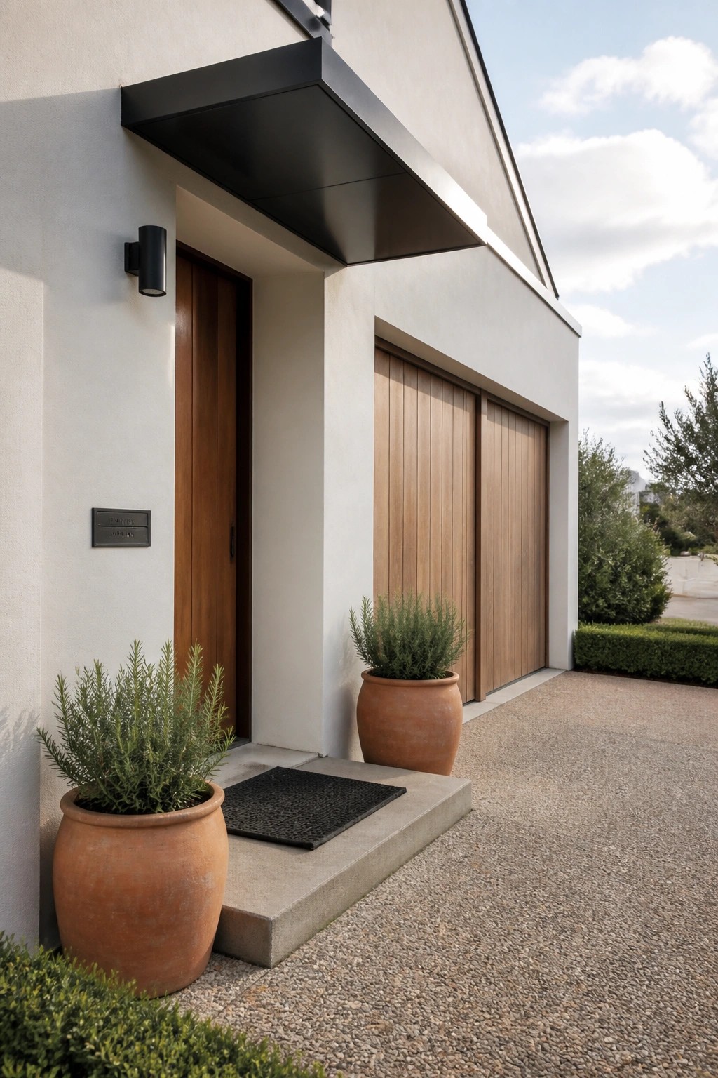 Modern house entrance featuring a black flat canopy above a wooden door, with two large terracotta pots holding green plants on the concrete step.