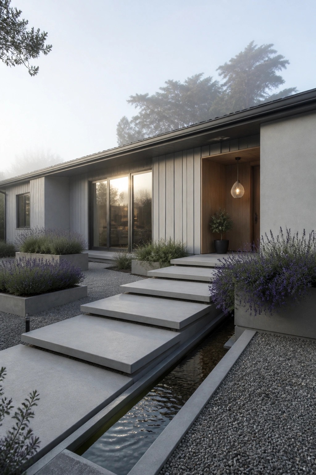 Modern house exterior with floating concrete steps over a narrow water channel leading to a wooden front door, flanked by gray planters with lavender.
