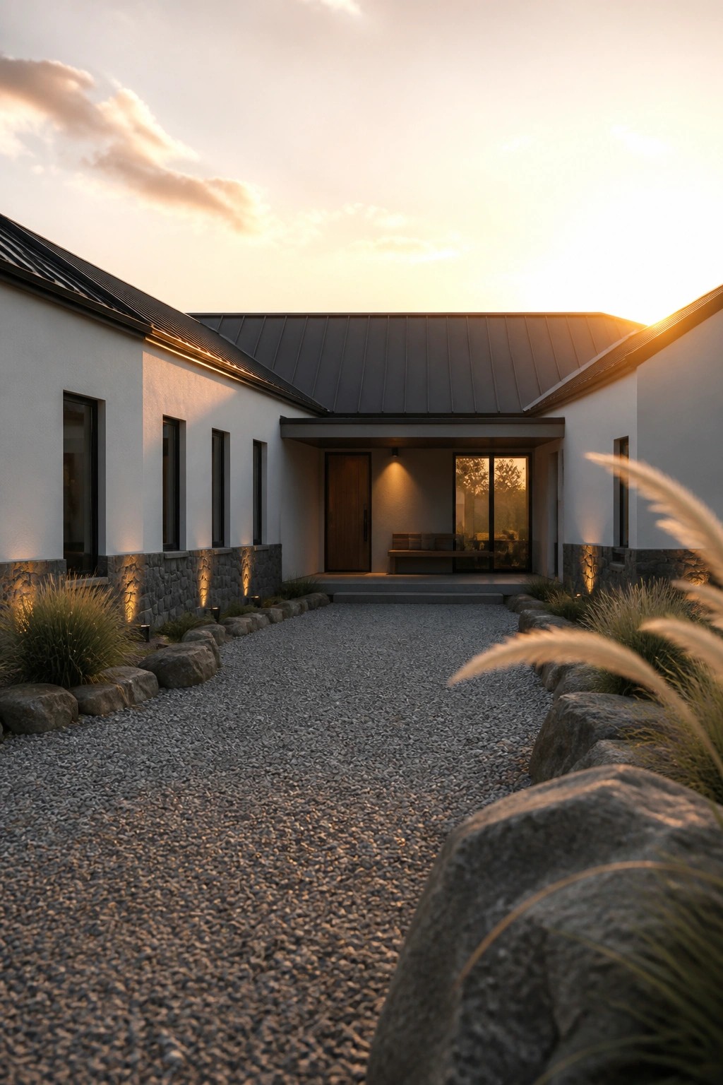 A modern house exterior with white walls, dark metal roof, wooden door, and a long gravel path bordered by rocks and grasses.