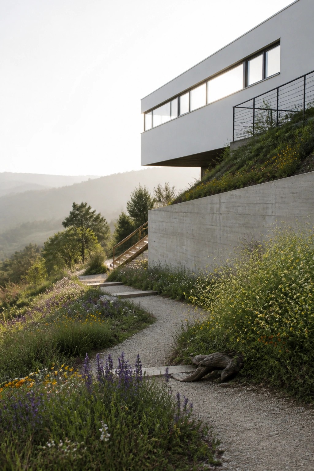 A white minimalist house with long horizontal windows cantilevered above a concrete retaining wall on a hillside, with a gravel path and wildflowers in the foreground.