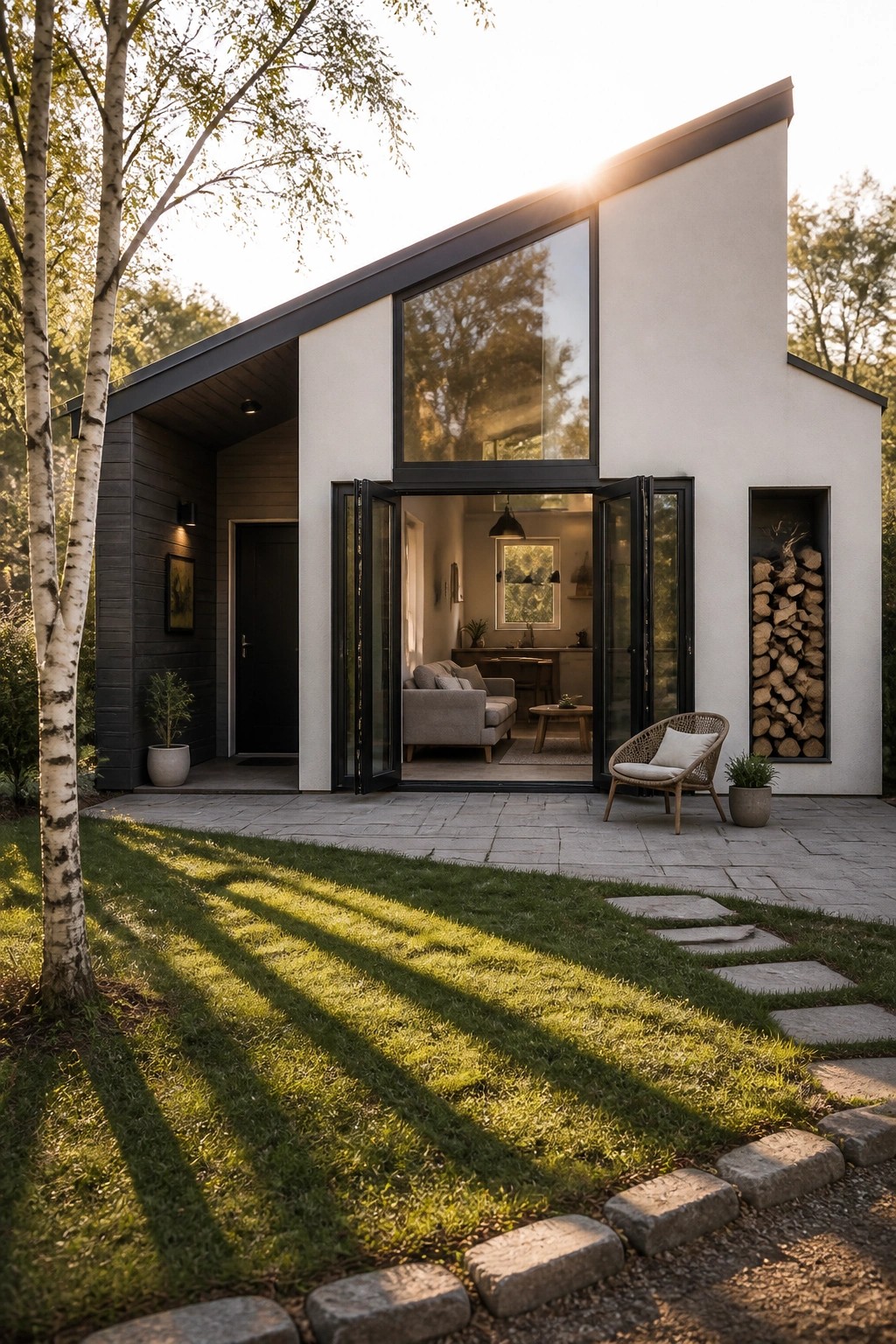 A modern minimalist house with white walls, dark trim, and large black-framed bifold glass doors open to a stone patio beside a grassy lawn.