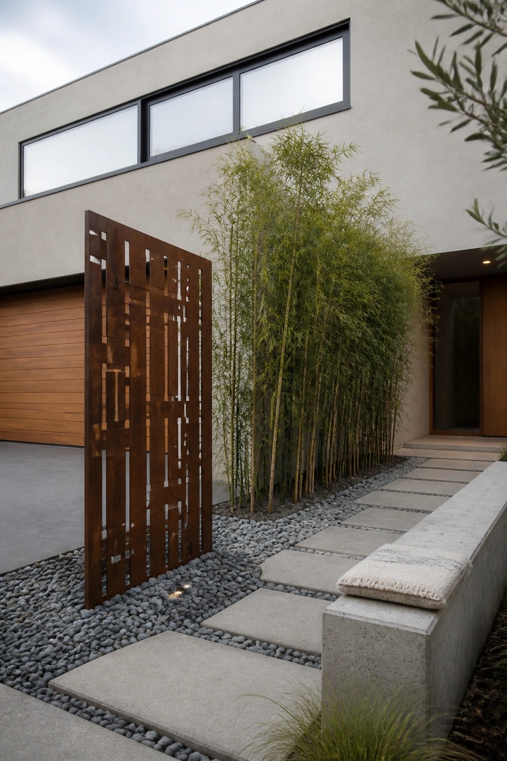 Modern concrete house exterior featuring a tall rusted metal screen with geometric cutouts, bamboo planting, gravel ground cover, and concrete pavers leading to the entrance.