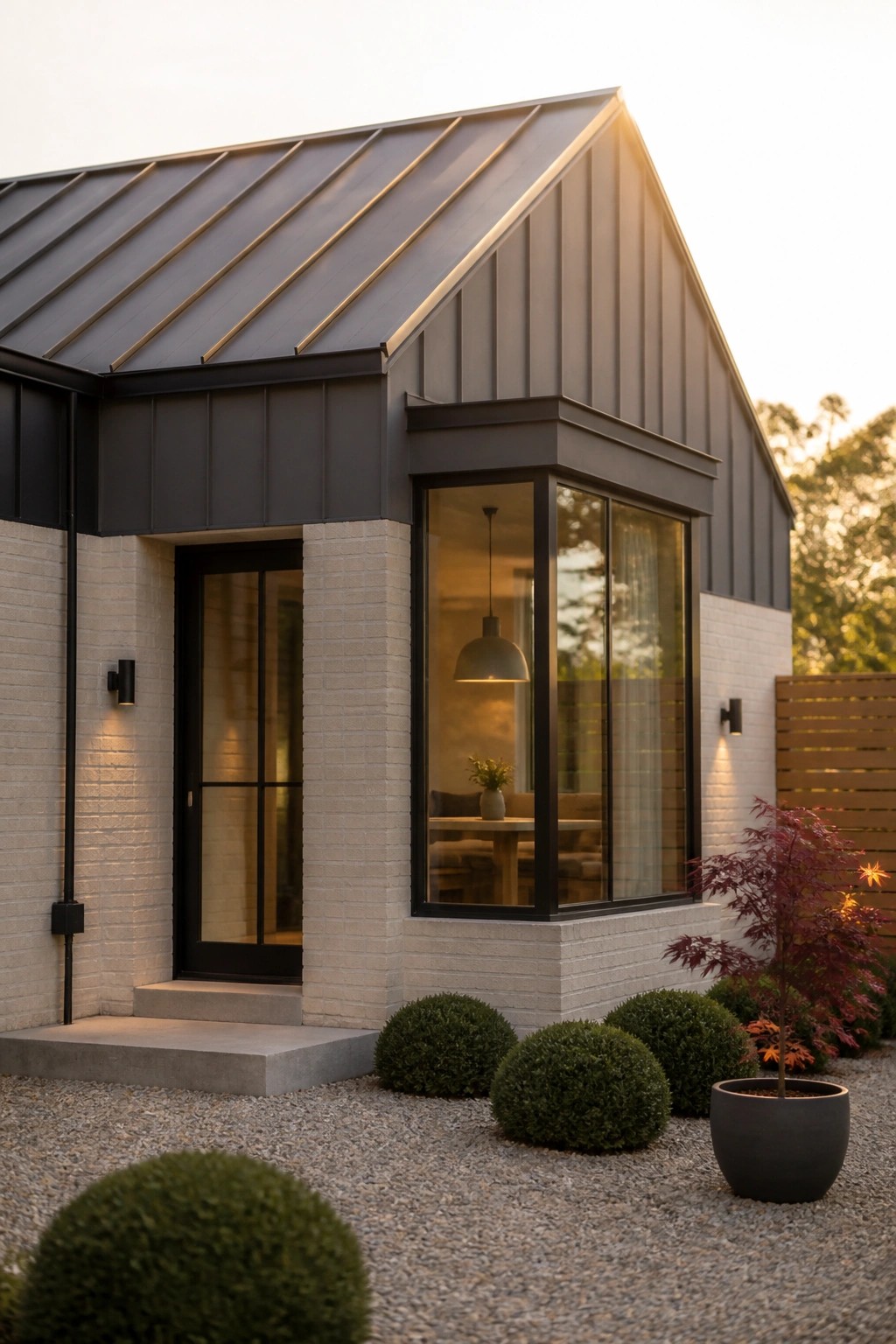 A contemporary house exterior with white brick lower walls, dark metal upper siding and roof, black-framed windows and door, and gravel landscaping with round shrubs.