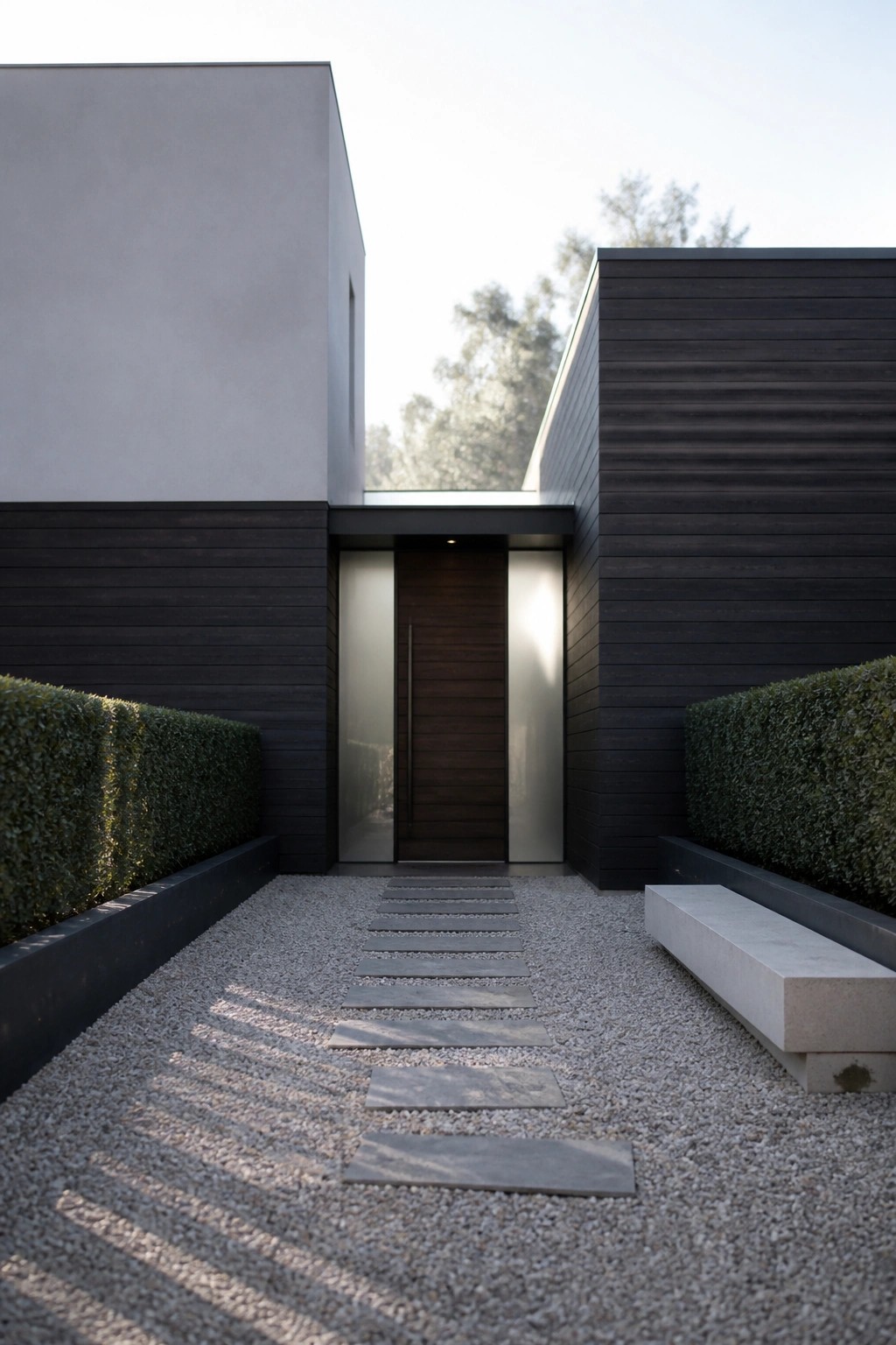 A minimalist house entrance with a dark wood door recessed between light panels, dark horizontal siding on both sides, green hedges, and a gravel path with stone stepping stones.