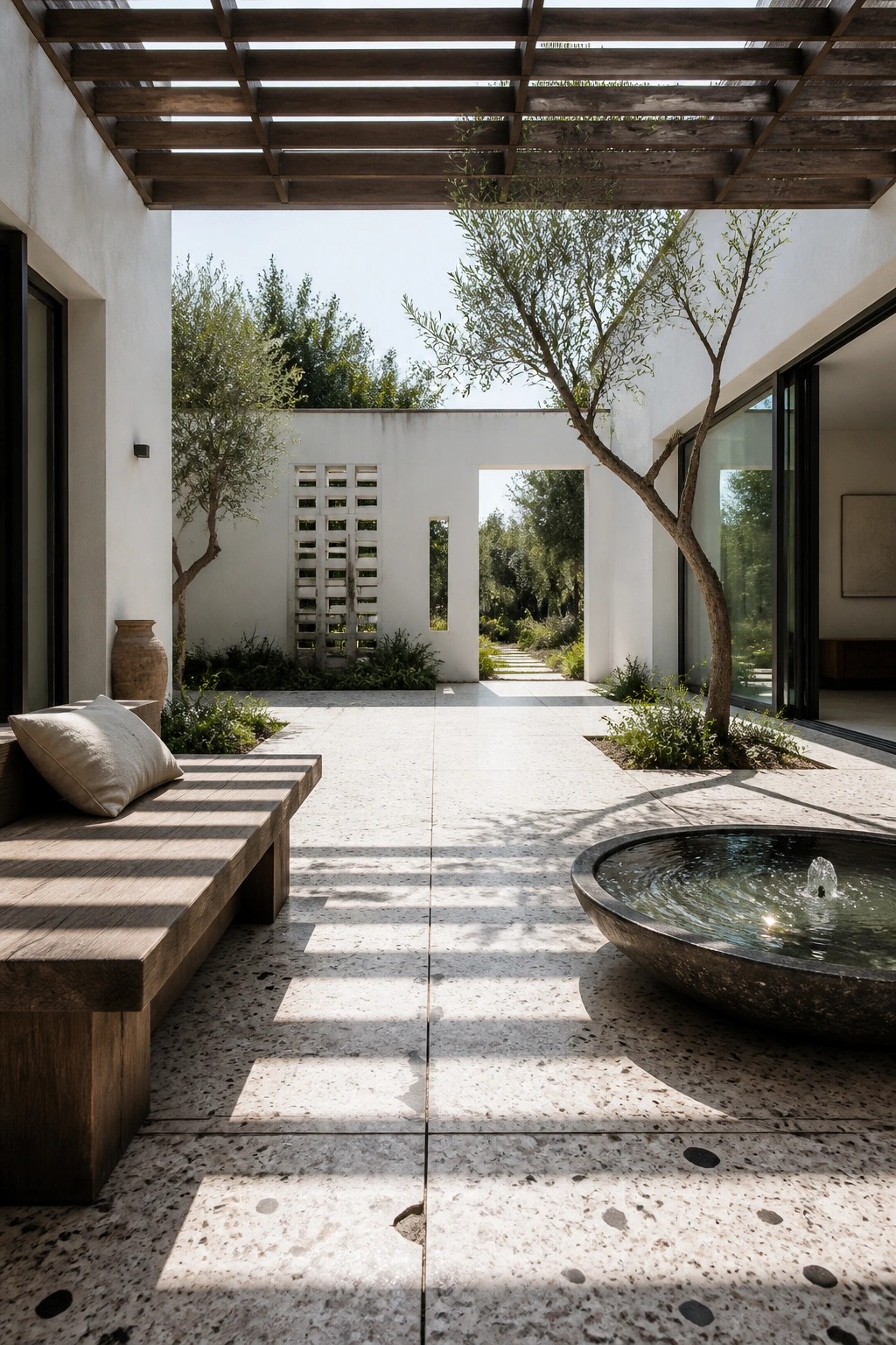 Minimalist courtyard with wooden slatted pergola overhead, light stone tile floor, wooden bench with cushion, and large dark stone water fountain.