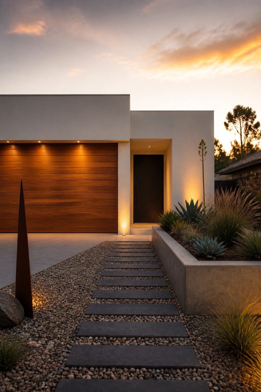 Modern house with wooden garage, stone path, sculpture, and succulent garden at sunset
