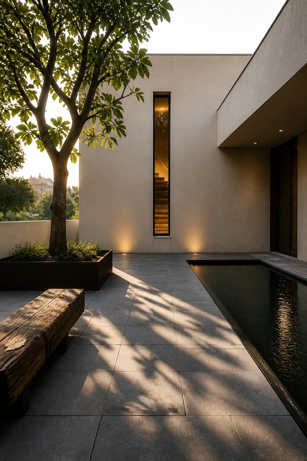 A minimalist outdoor courtyard with large gray stone pavers, a long rectangular pool along the right side, a wooden bench on the left, a tree in a dark planter, and a plain building wall with a tall narrow window.