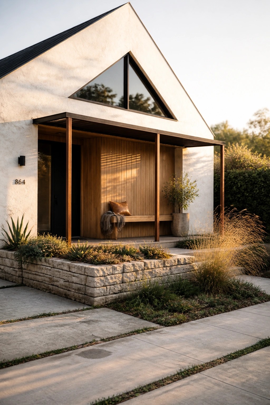 A minimalist contemporary house with white walls, a black gable roof, a large triangular window above a covered entry porch, and a low stone retaining wall with landscaping in front.