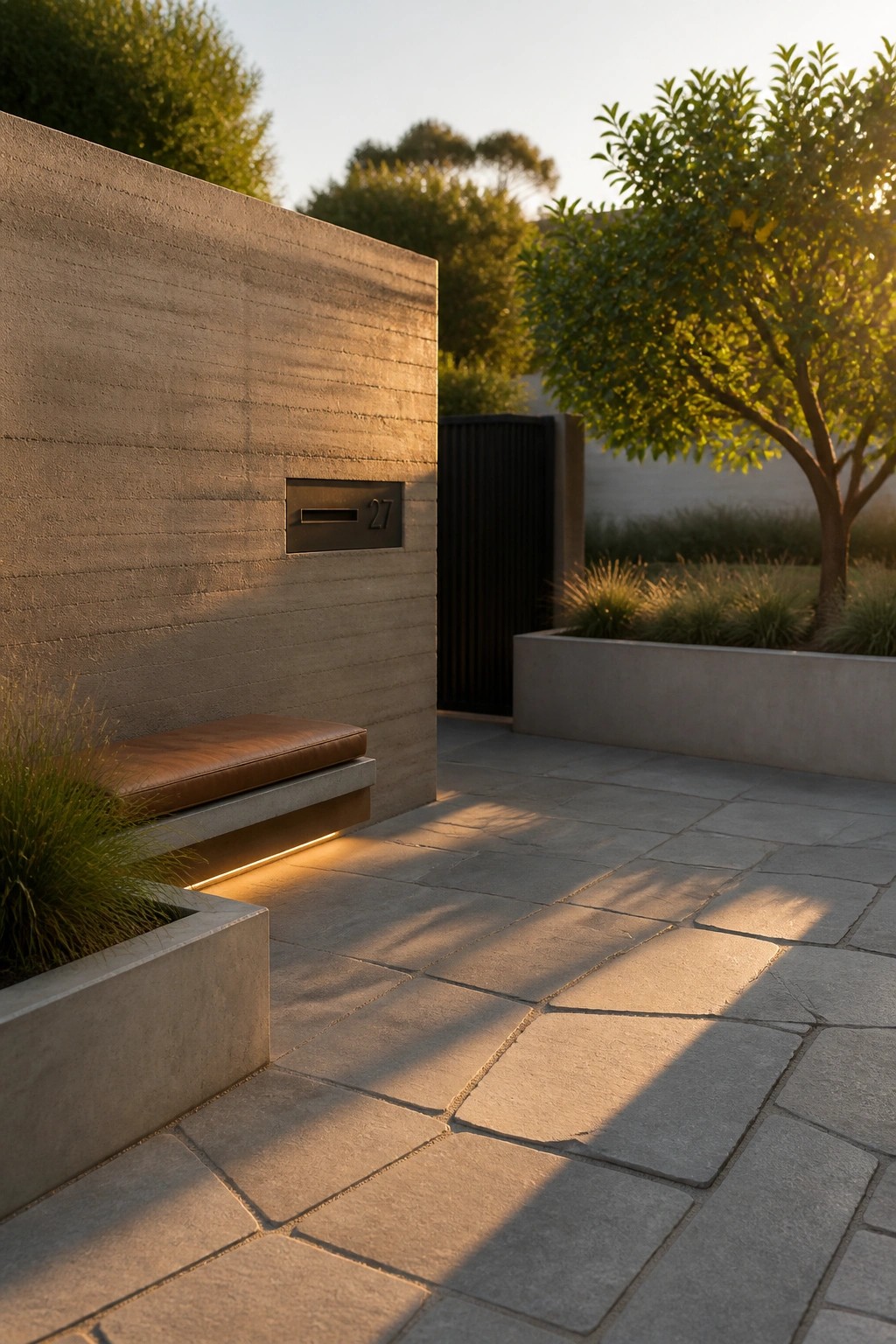 A minimalist outdoor entry area with a textured concrete wall, an integrated bench with under-lighting, a built-in mailbox, and large stone pavers leading toward a garden.