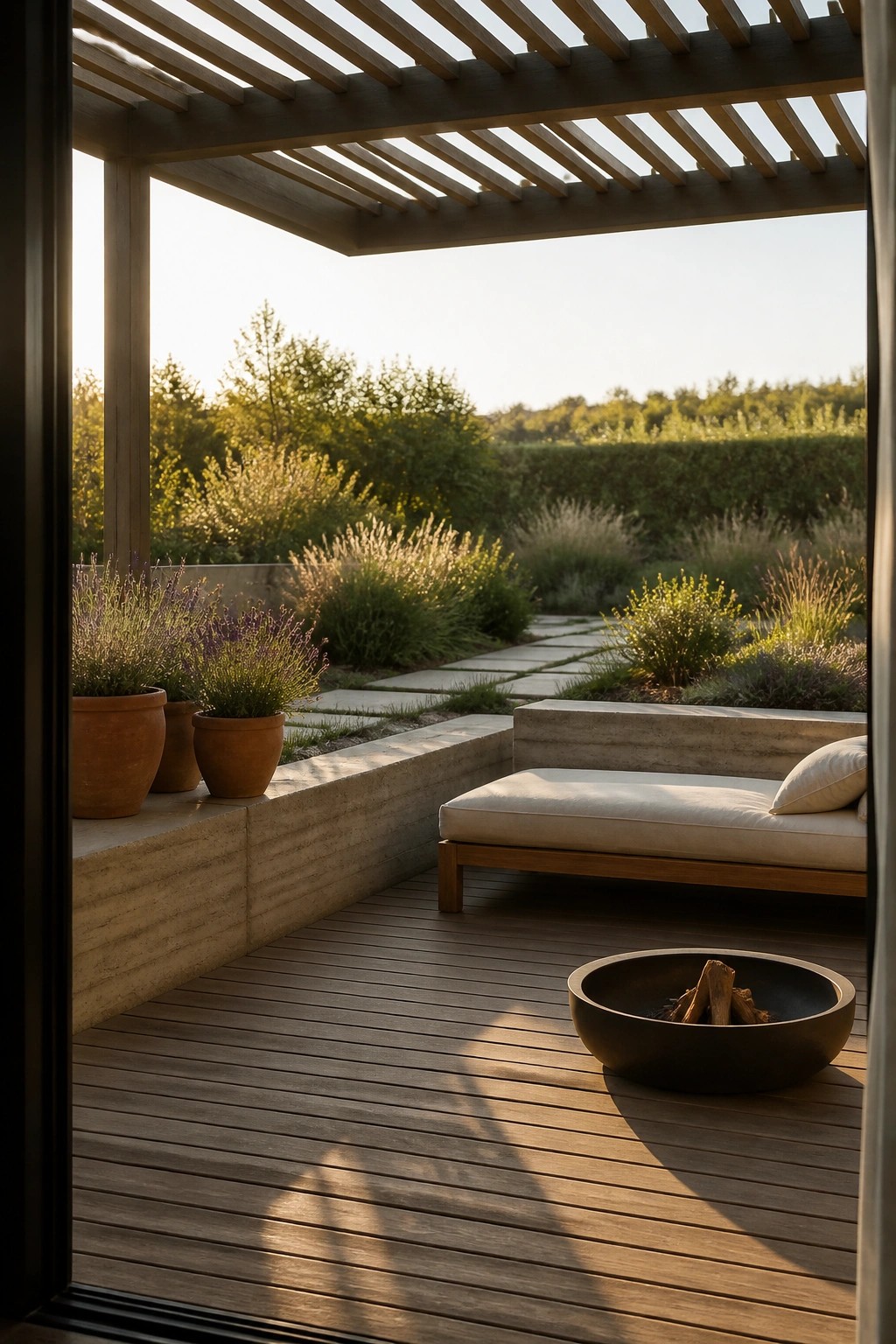 A wooden deck with a built-in rammed earth bench, daybed, and fire pit under a slatted pergola overlooking a garden path.