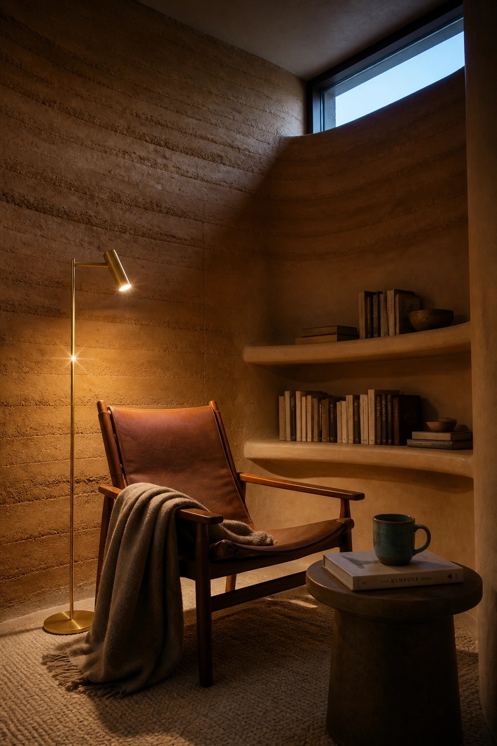 Leather armchair with throw beside lit brass lamp, bookshelves, and side table with mug