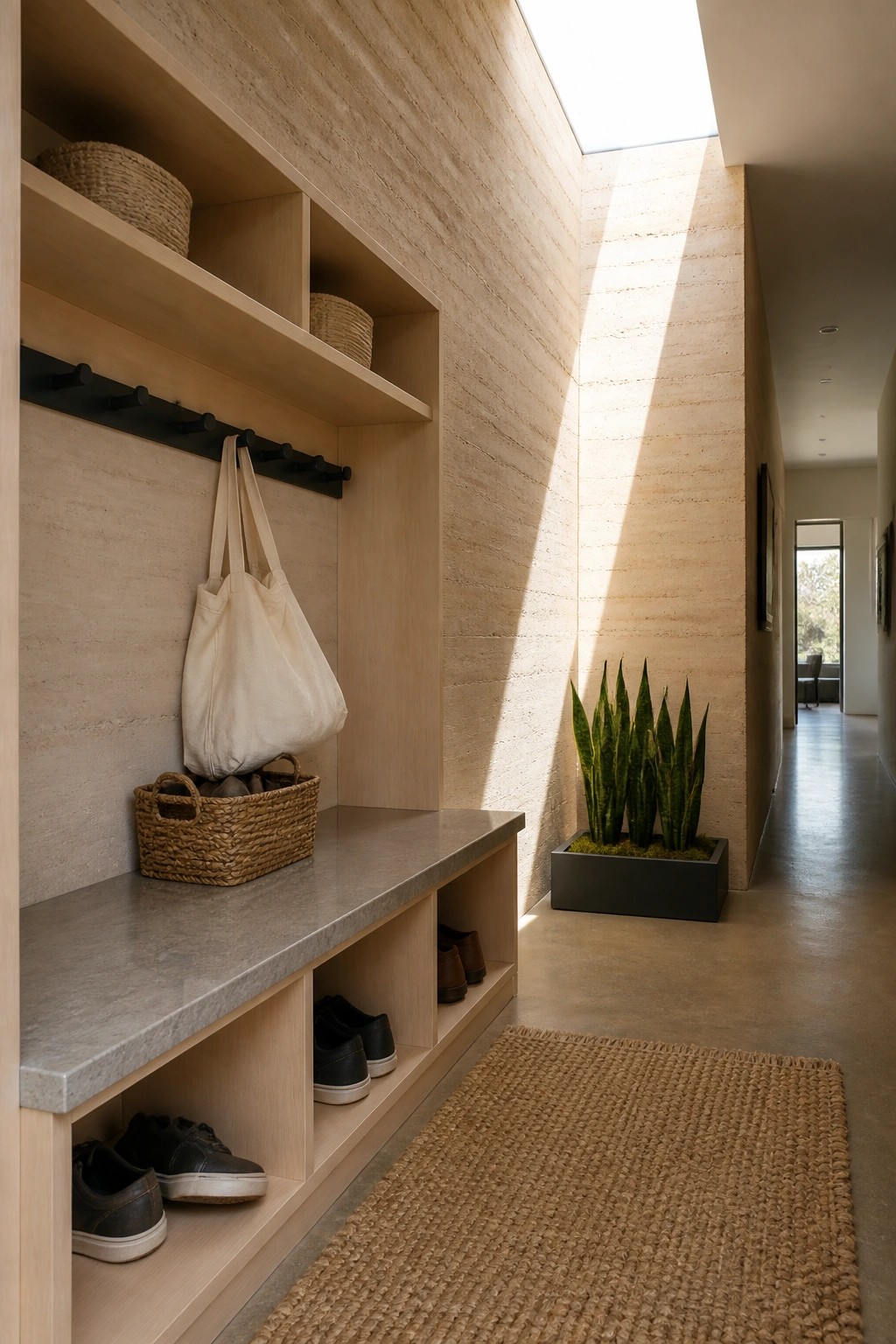 A minimalist interior entry with light wood built-in shelves, black hooks holding a canvas bag, woven baskets, a stone bench top, open shoe cubbies, and a rammed earth wall.