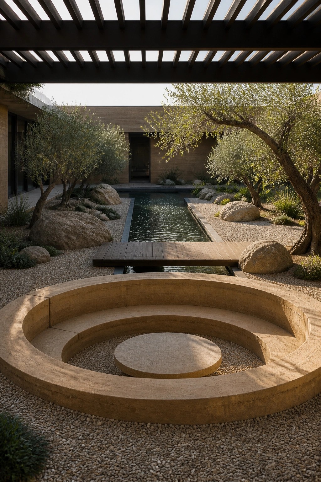 Modern courtyard with pool, wooden bridge, olive trees, rocks, and circular concrete seating.