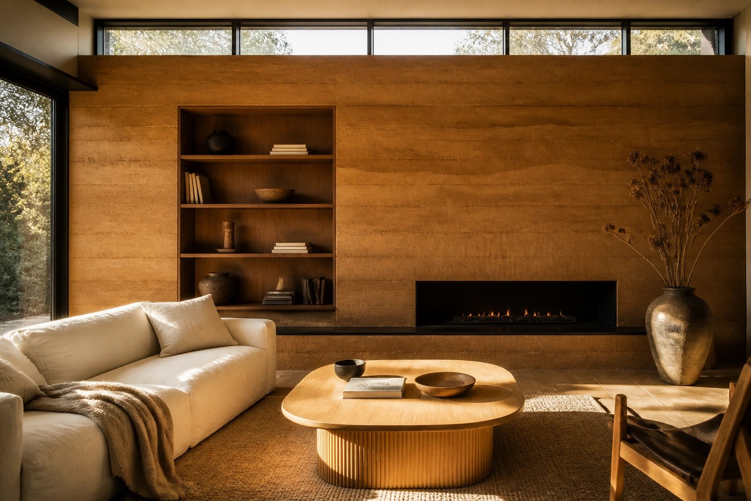 A living room with a rammed earth accent wall containing recessed wooden shelves on the left and a centered fireplace, a light sofa in front, and a round wooden coffee table on a woven rug.