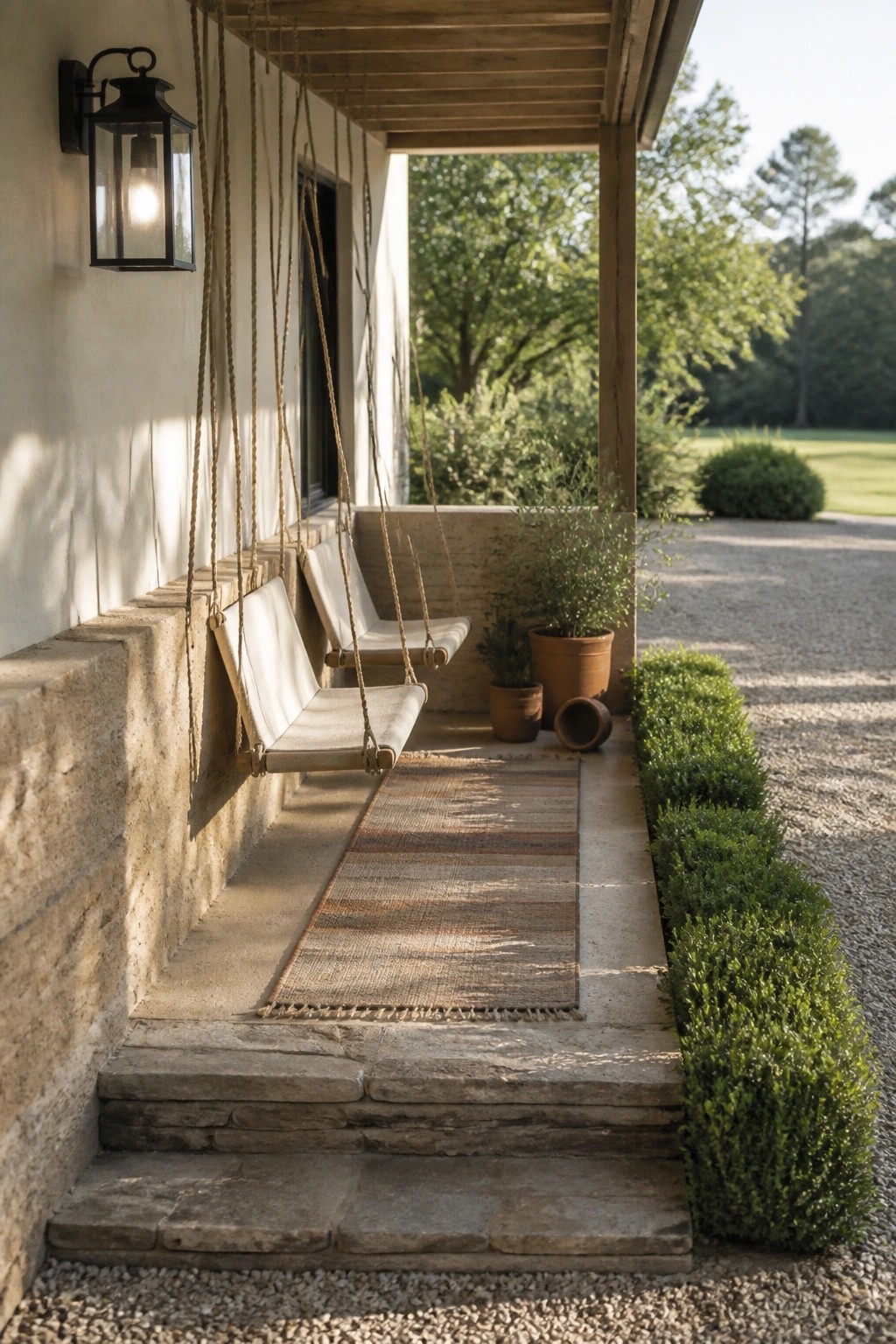 A covered porch with two hanging swings, a striped rug, potted plants, and stone steps leading down to gravel.