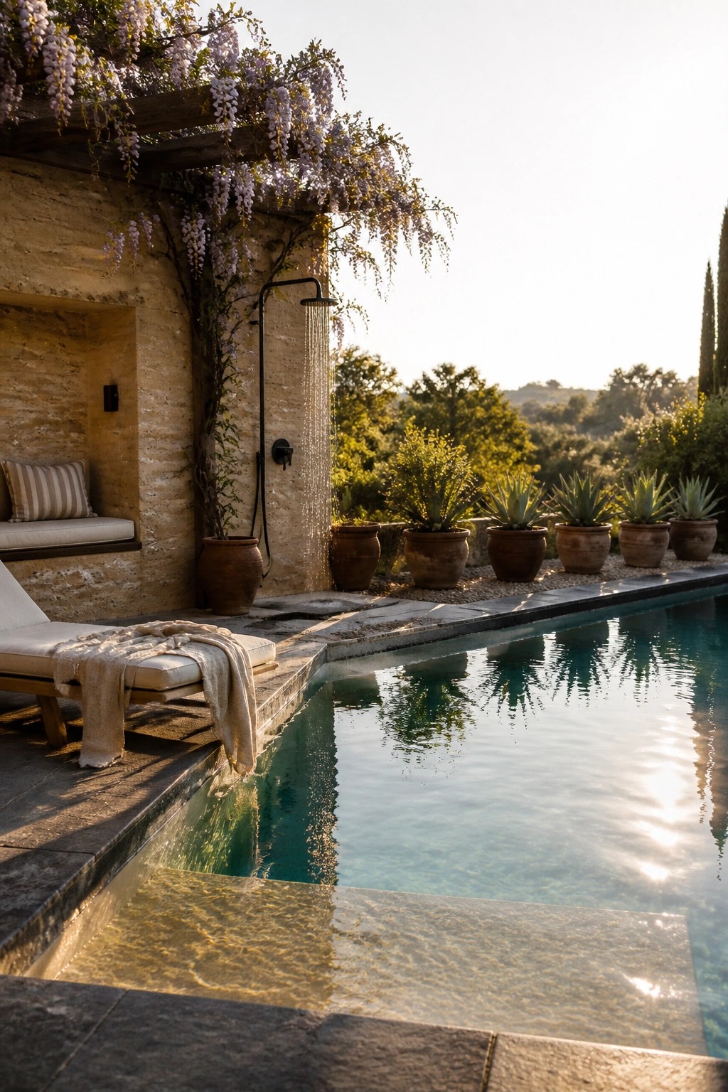 A minimalist outdoor pool with a black outdoor shower mounted on a textured stone wall, a built-in lounge chair with a towel, and rows of potted plants along the water's edge.