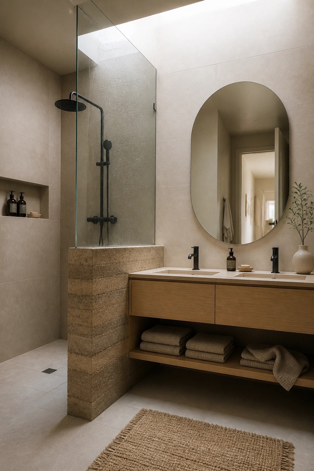 A minimalist bathroom with a glass shower on a rammed earth base, a light wood vanity with two sinks, and a large round mirror on a tiled wall.