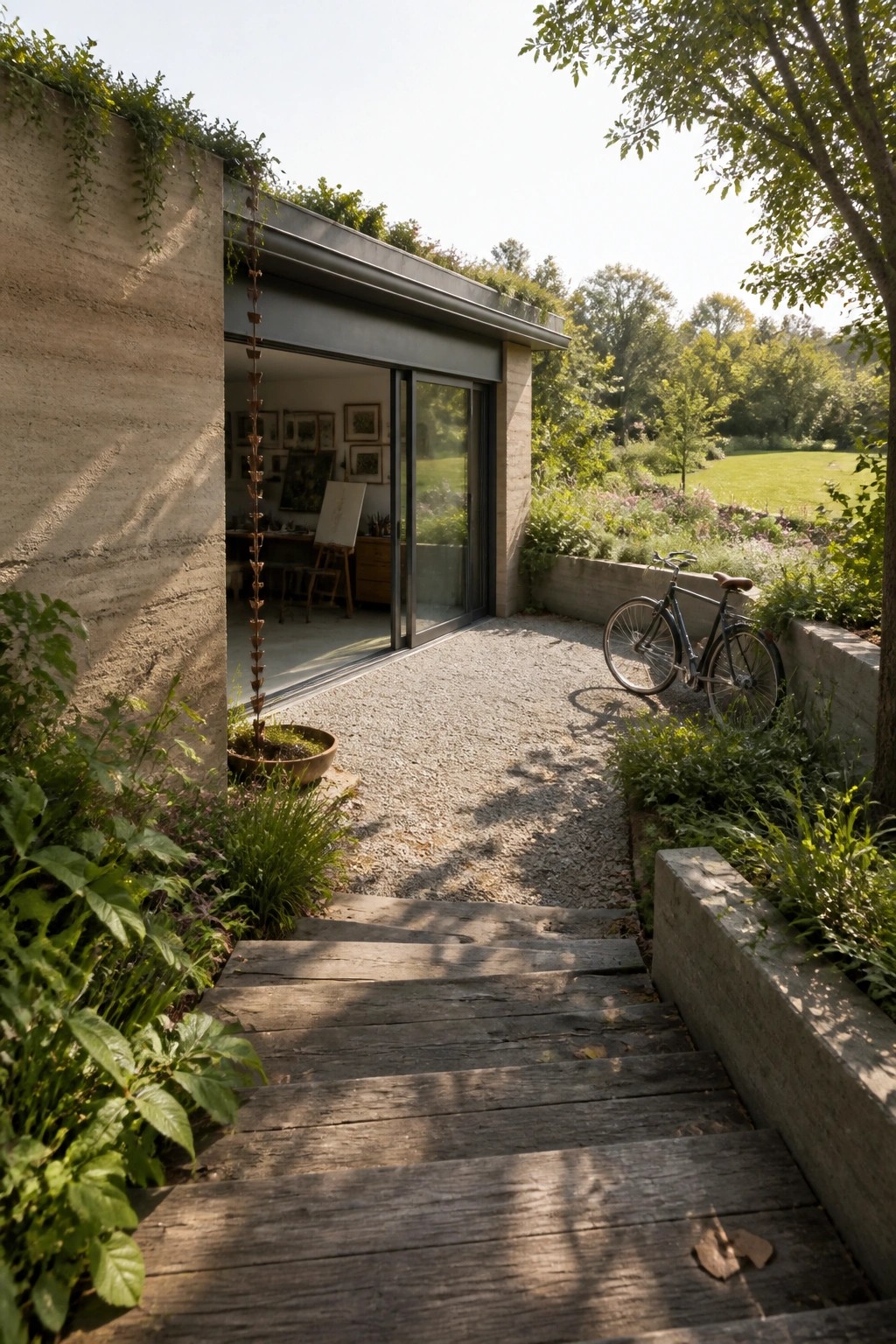 A rammed earth house exterior with large sliding glass doors, a gravel path, wooden steps, and surrounding garden plants.
