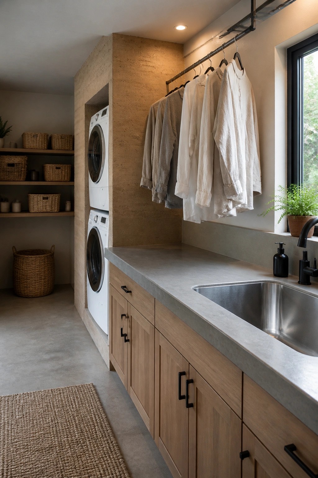 A minimalist laundry room featuring rammed earth walls, stacked white front-loading washers, light wood cabinets with black handles, a concrete countertop with a stainless steel sink, and white and beige clothing hanging on a metal rod above the counter.