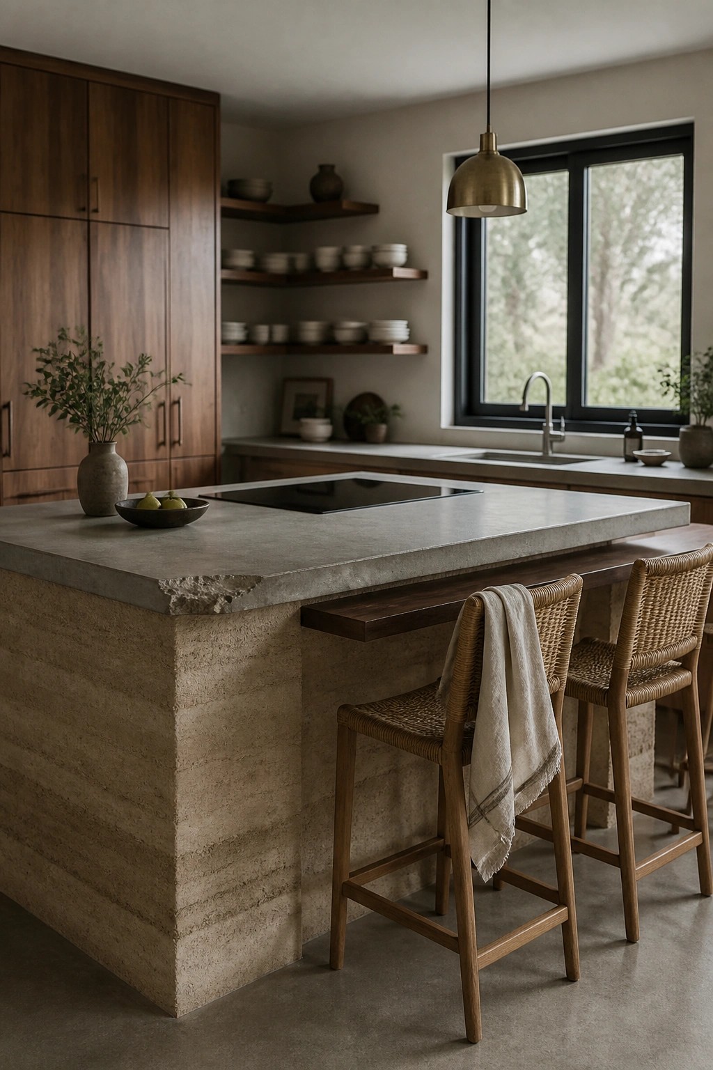 A kitchen interior with a large rammed earth island topped with concrete, two woven bar stools, and a window above the sink.