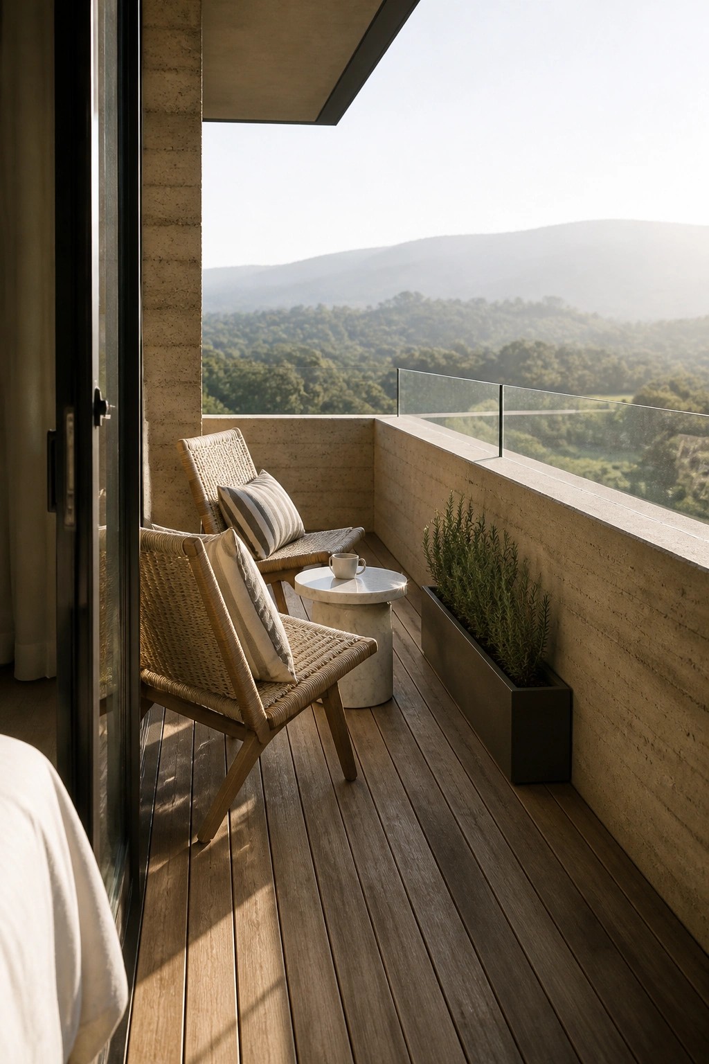 A balcony with rammed earth walls shows two woven lounge chairs, a round marble table, and a long metal planter box overlooking a hilly, forested landscape.