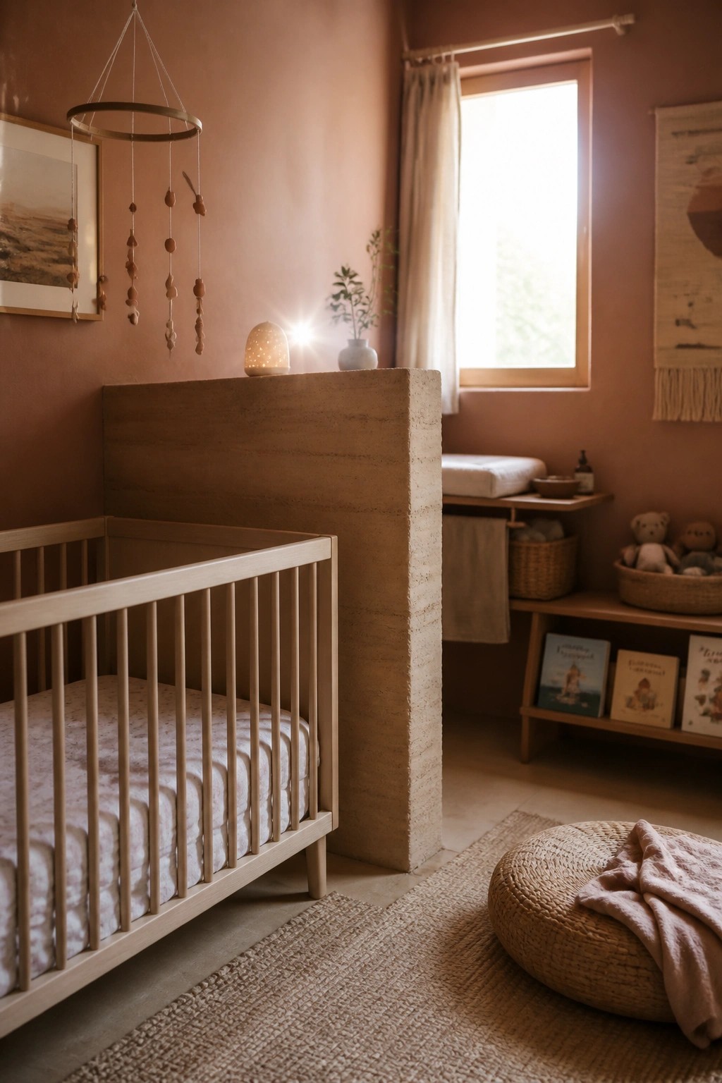 A light wood crib sits in front of a tall rammed earth wall in a warm-toned nursery with a window and woven rug.
