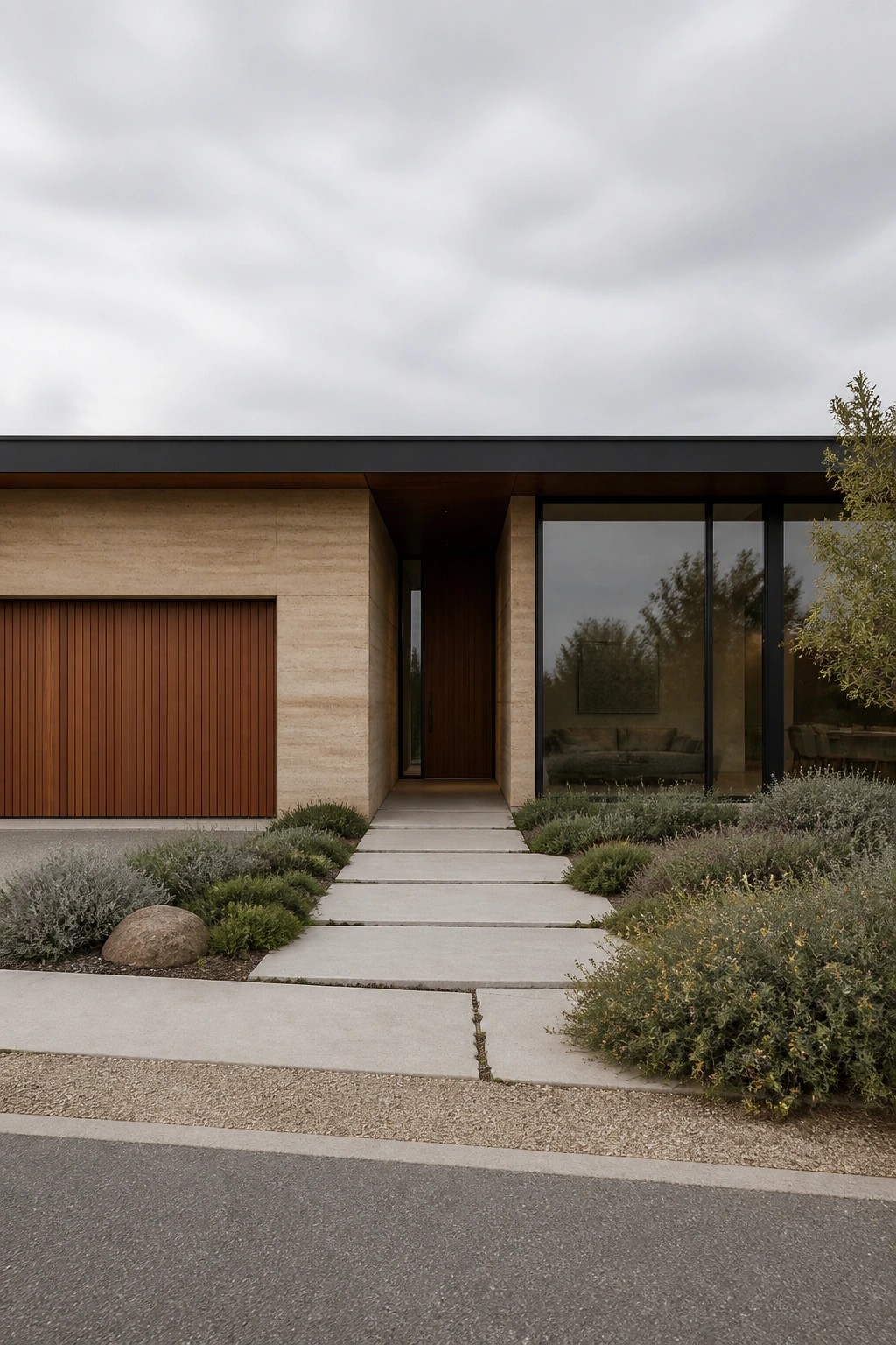 A front view of a minimalist house with rammed earth walls, a vertical wood garage door, a dark wood entry door, large black-framed windows, and a concrete stepping stone path through low shrubs.