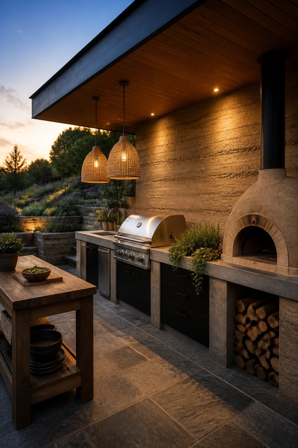An outdoor kitchen featuring a stainless steel grill, wood-fired oven, and wooden prep table set against a rammed earth wall under a wooden ceiling with hanging lights.