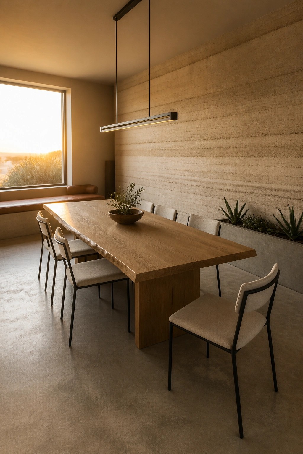A minimalist dining room featuring a long wooden table with upholstered chairs arranged along a textured rammed earth wall, illuminated by a linear pendant light.