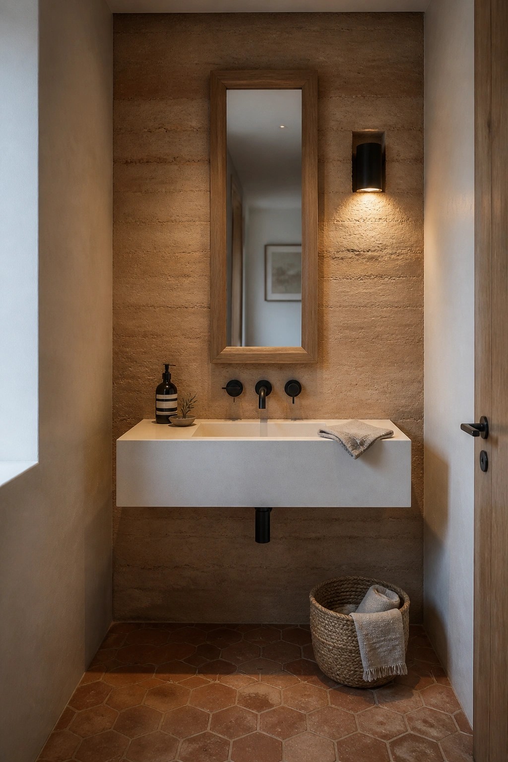 A minimalist bathroom with rammed earth walls, a floating concrete sink, black fixtures, a wood-framed mirror, and terracotta hexagon floor tiles.