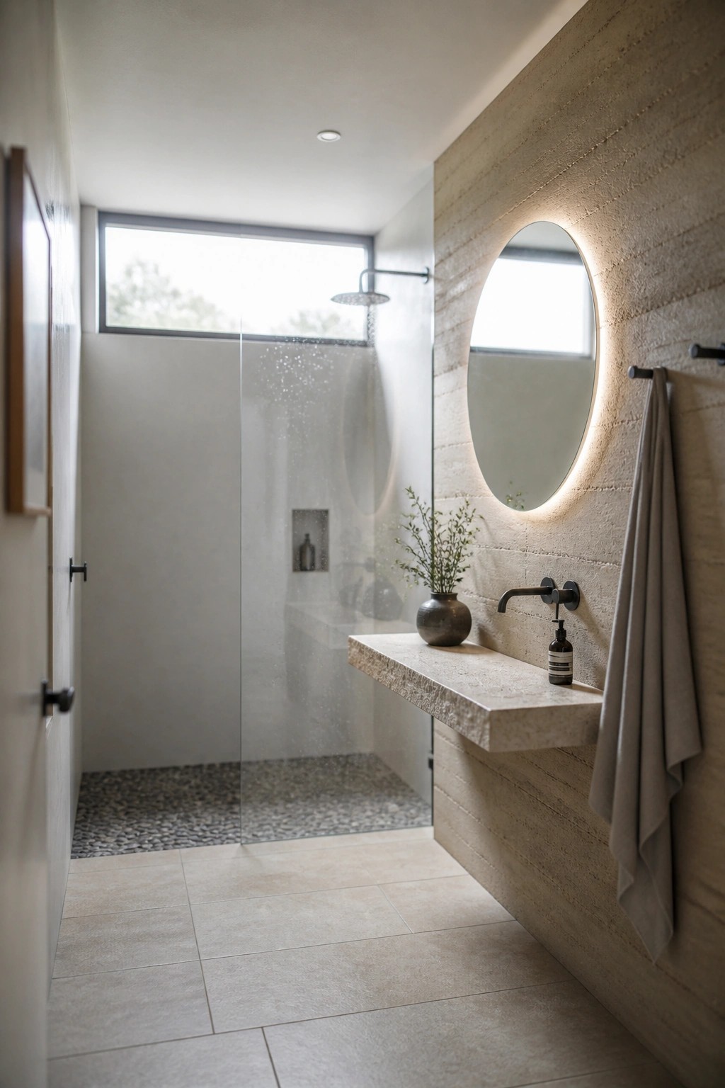 A minimalist bathroom with rammed earth walls, a floating stone vanity, round backlit mirror, and glass shower enclosure.
