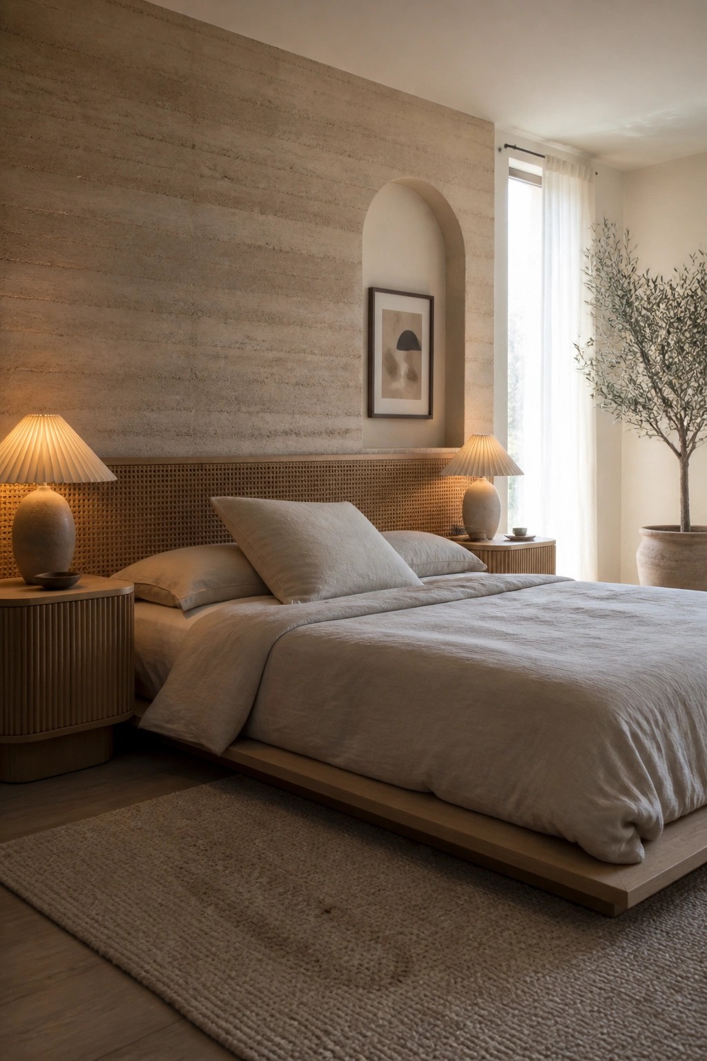 A minimalist bedroom featuring a large rammed earth accent wall behind a low wooden platform bed with neutral linens and two bedside tables with pleated lamps.