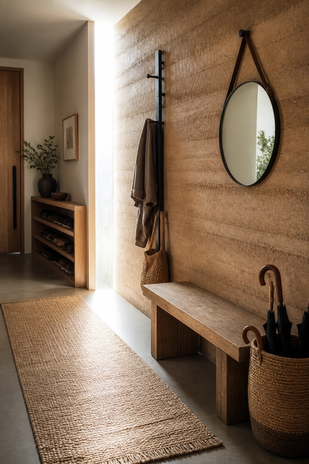 A minimalist interior entry with a long wooden bench against a textured rammed earth wall, a vertical coat rack with a jacket and bag, a round mirror, a woven umbrella basket, and a jute runner on the floor.