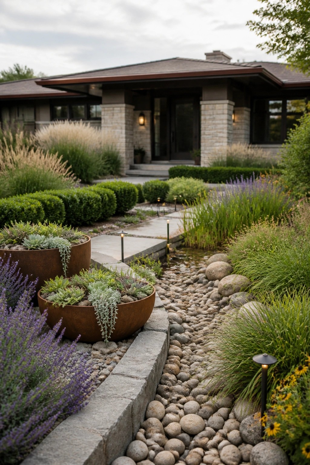 A modern single-story house with a stone-edged pebble path leading to the front entrance, bordered by metal planters filled with succulents and low green shrubs.