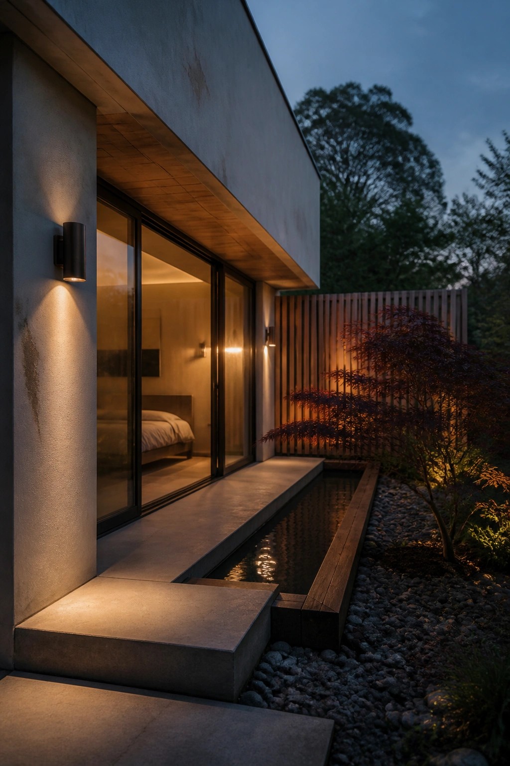 Modern concrete house at dusk with large sliding glass doors open to a narrow illuminated water channel running alongside a gravel path and a Japanese maple tree.