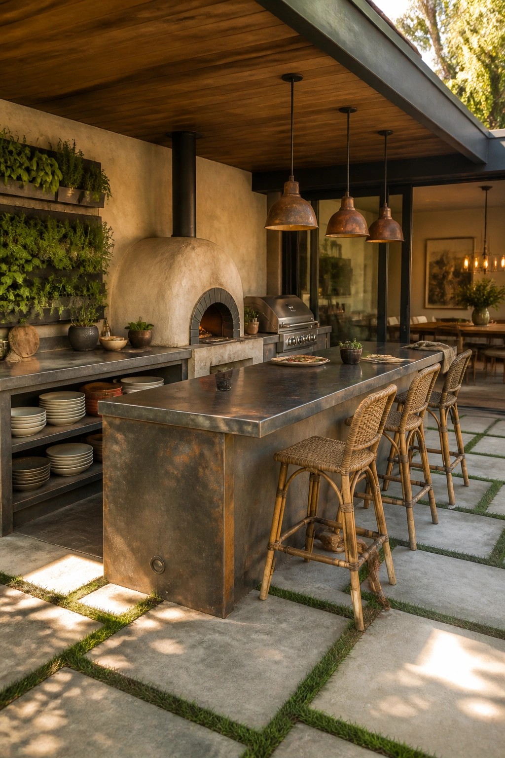 An outdoor kitchen with a large metal island, woven bar stools, a stone pizza oven, and vertical gardens on a stone paver patio.
