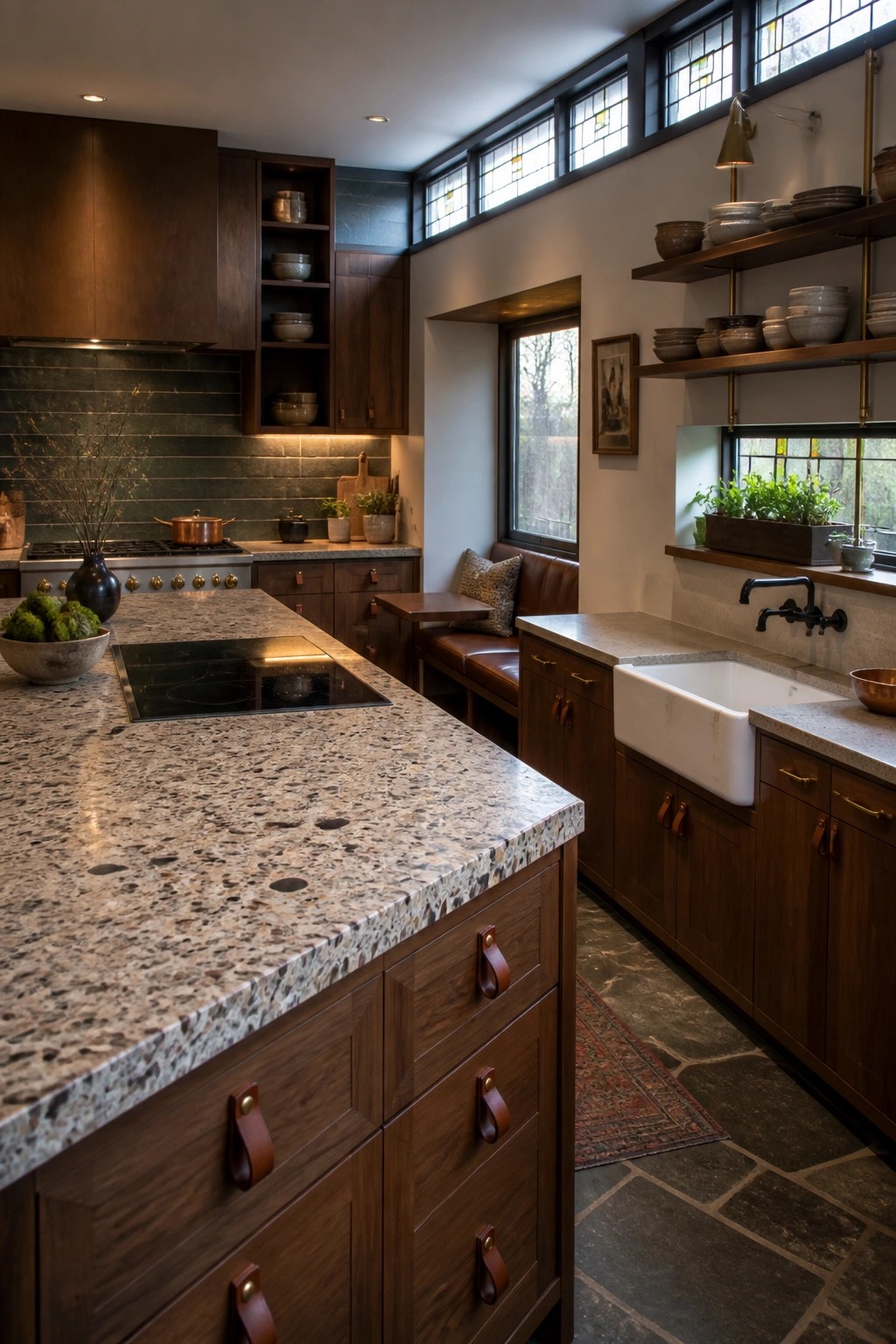 A spacious kitchen interior featuring dark wood cabinetry, stone countertops, a central island with an induction cooktop, open shelving with dishware, and a built-in leather bench next to a farmhouse sink.