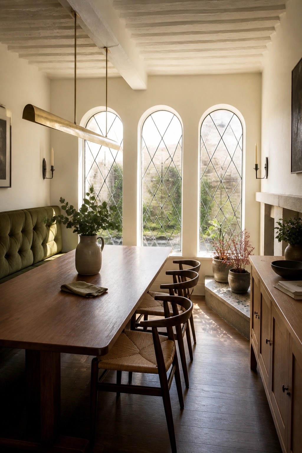 A long wooden dining table with woven chairs and a green upholstered bench is positioned in front of three large arched windows.