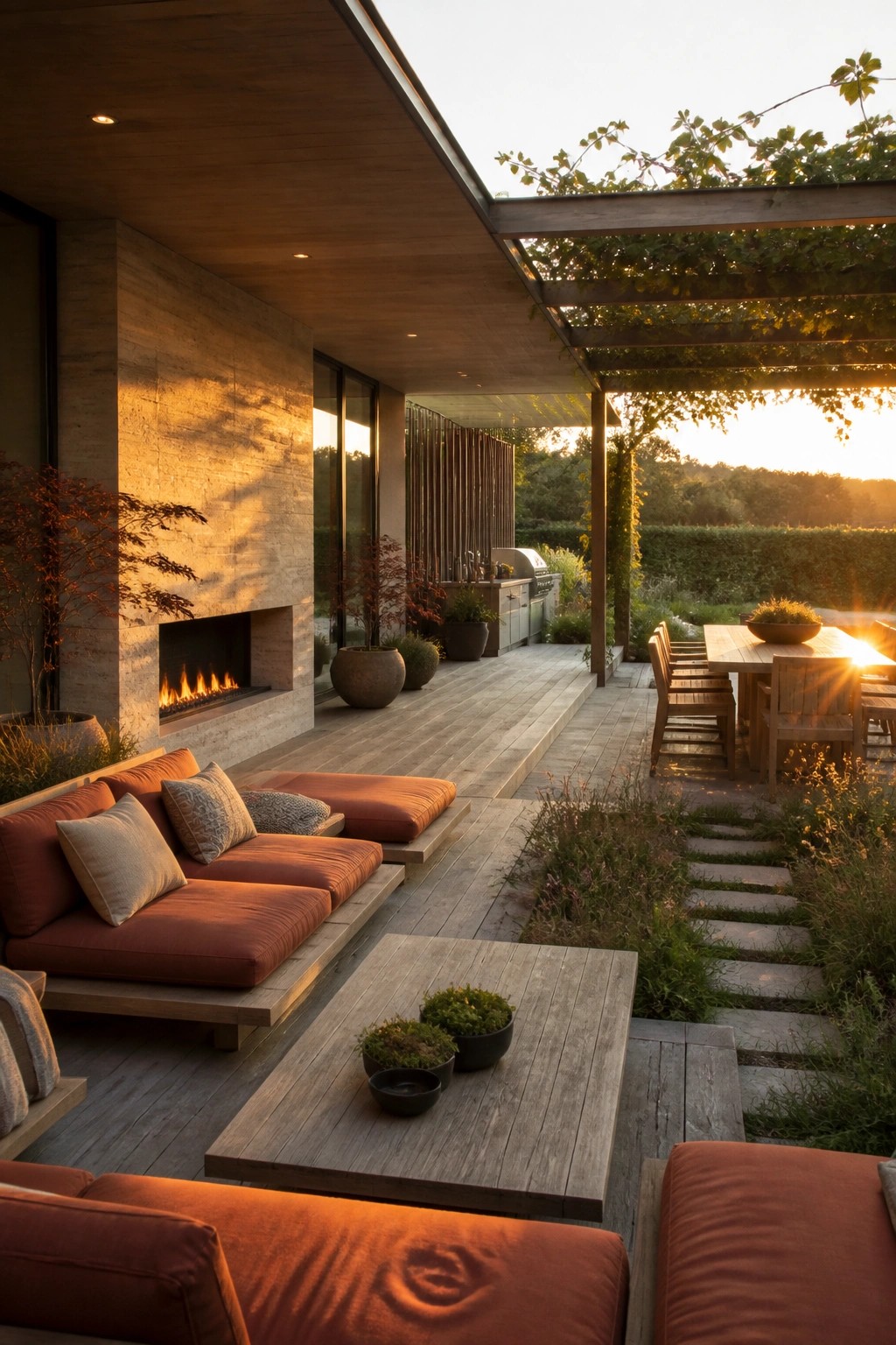 A wooden deck patio features built-in seating with rust cushions around a stone fireplace, a low wooden coffee table, a dining area under a vine-covered pergola, and a stone path leading into the garden at sunset.