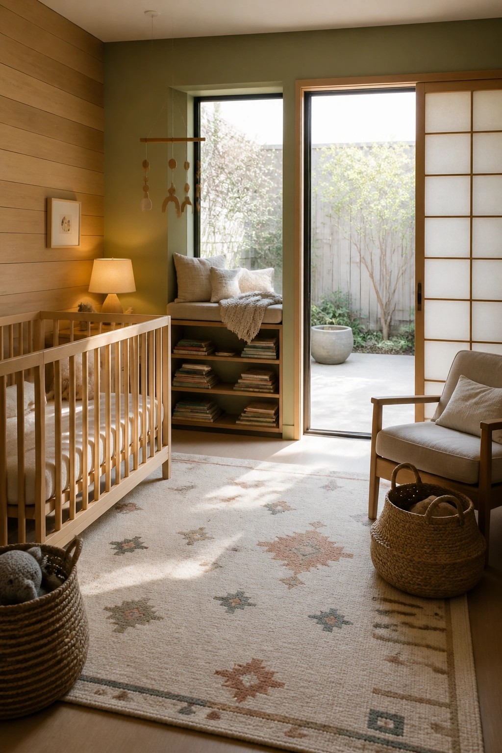 A nursery interior with a wooden crib, patterned rug, built-in window bench with cushions and bookshelves underneath, wooden armchair, and large sliding door opening to an outdoor patio.