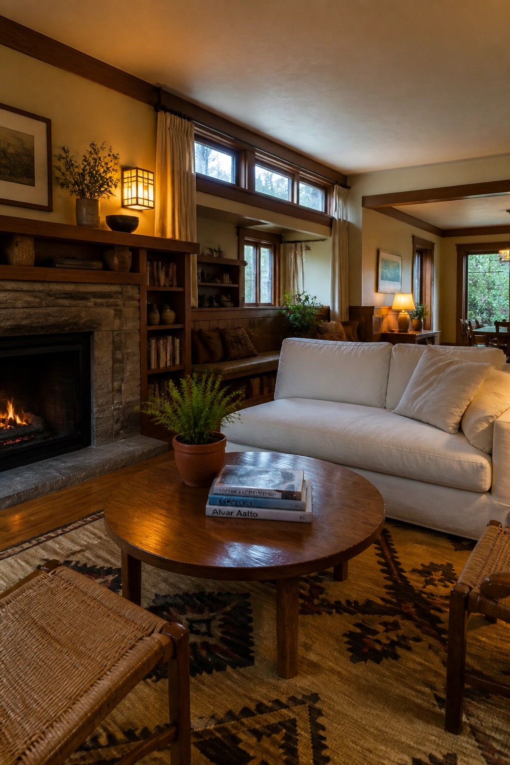 A living room with a stone fireplace, wooden built-in bookshelves filled with books, a white sofa, round coffee table, and large windows above a patterned rug.