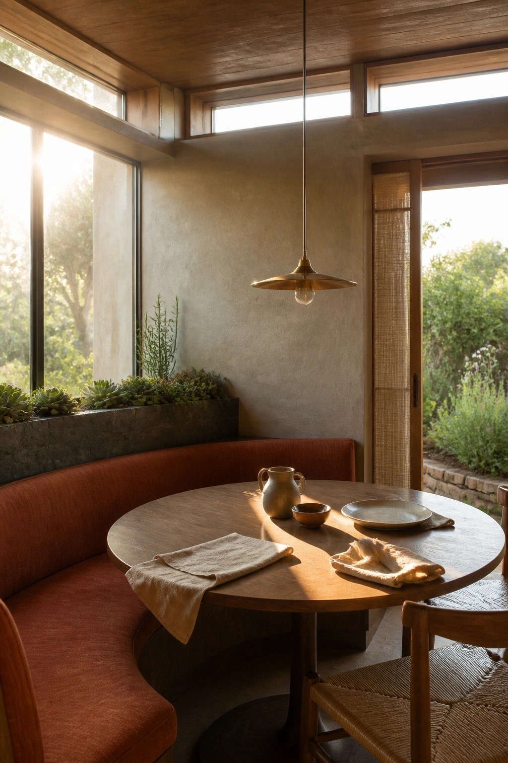 A round wooden table sits in front of a curved red upholstered banquette with a brass pendant light overhead and large windows along one side.