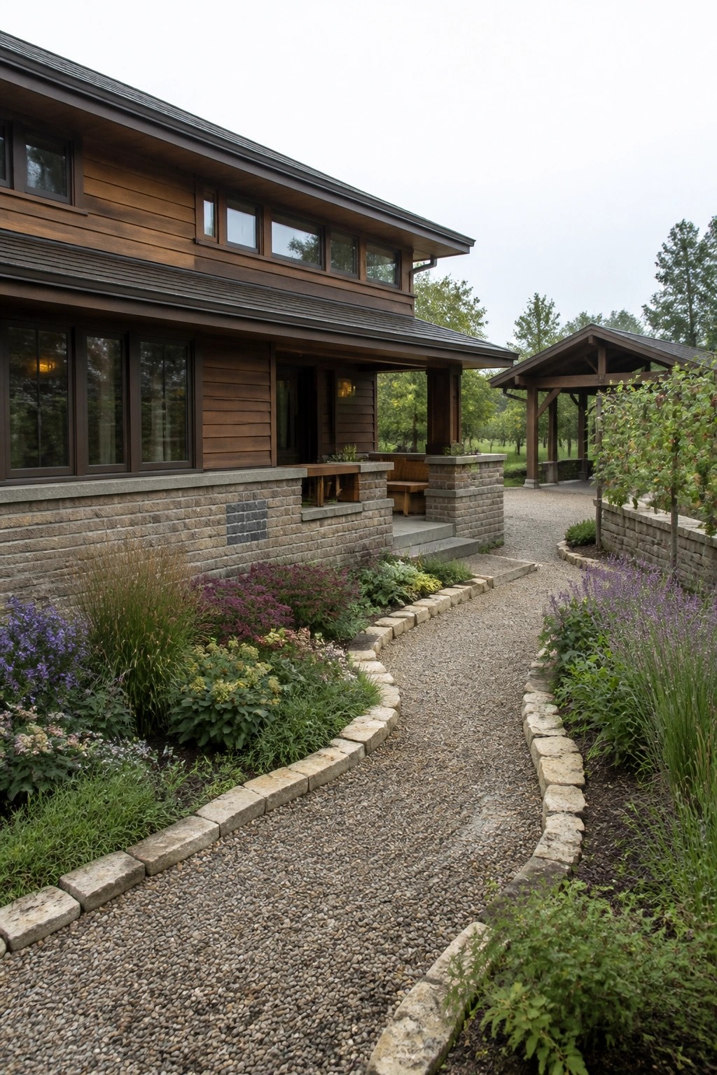 Modern wooden house with stone base beside curving flower-lined gravel path