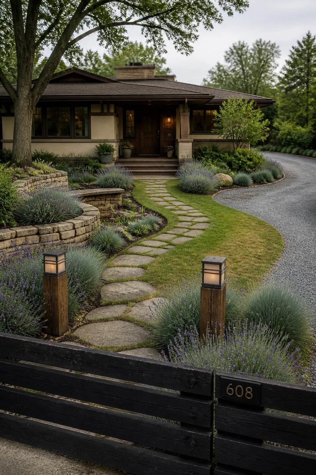 A single-story house with a curving stone pathway leading to the front door, flanked by layered gardens, two wooden light posts, and a dark fence showing the number 608 in the foreground.
