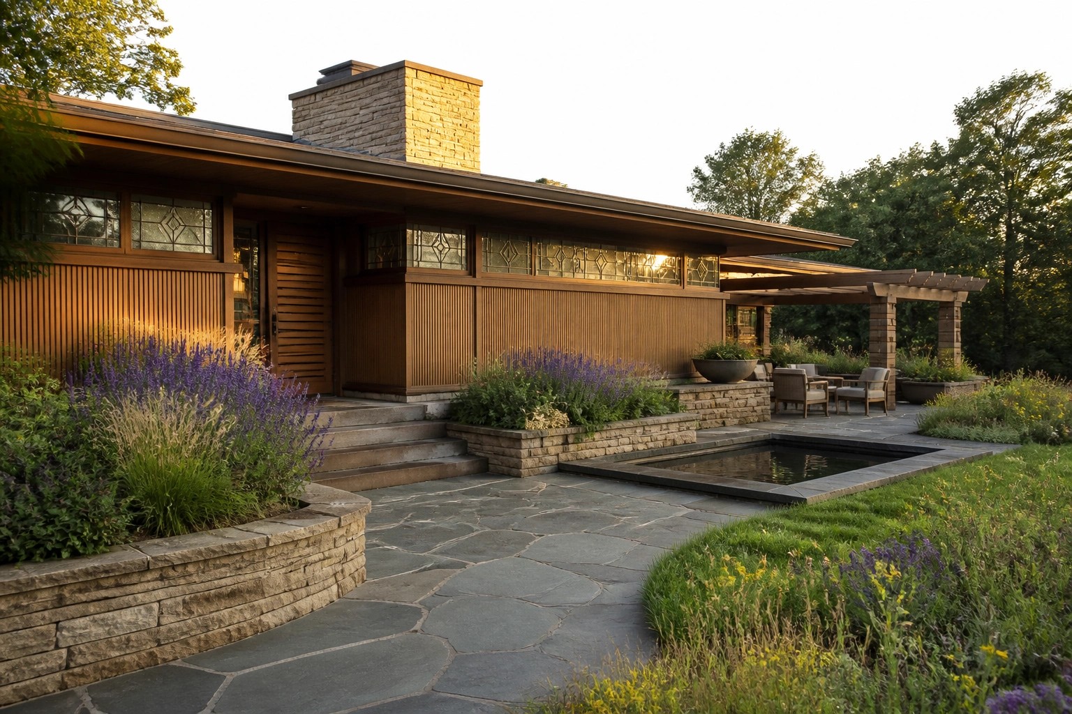 A Frank Lloyd Wright inspired house exterior featuring wood siding, a stone chimney, large windows, a wooden front door, and a stone patio with a rectangular reflecting pool, steps, and integrated low stone planters with purple flowers.