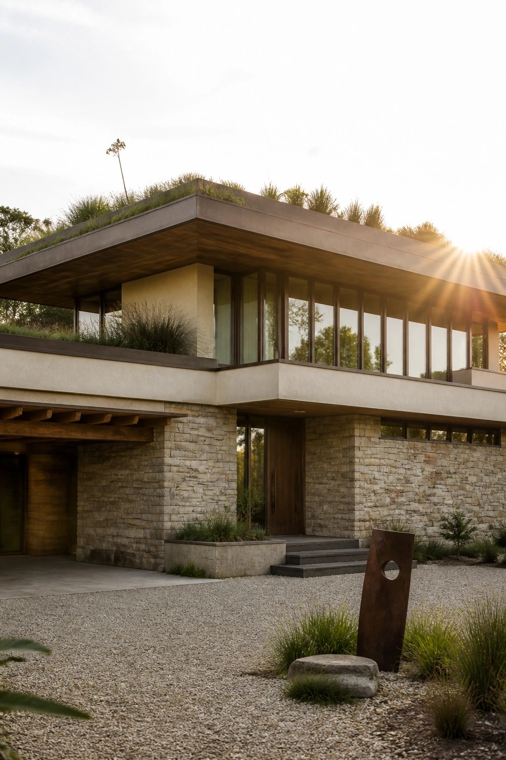 Modern house exterior with stone walls, large horizontal windows, wood accents, and a flat roof covered in grass and plants, viewed from a gravel driveway at sunset.