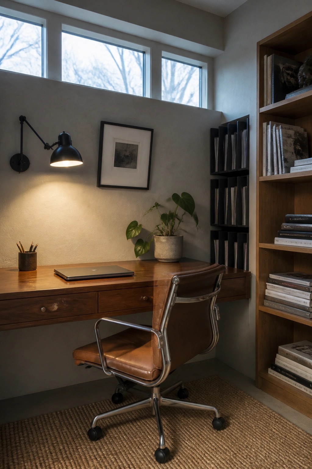A home office featuring a wooden desk with a brown leather office chair, wall-mounted lamp, potted plant, and built-in bookshelves under three high windows.