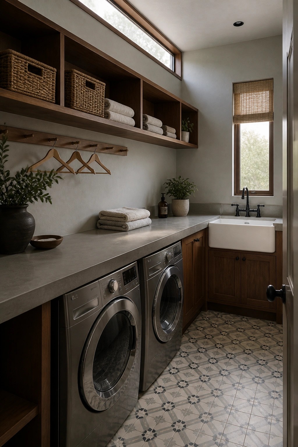 A laundry room featuring two stainless steel washing machines beneath a long concrete counter, with open wooden shelves holding folded towels and woven baskets, a peg rail with wooden hangers, a white farmhouse sink, and patterned tile flooring.